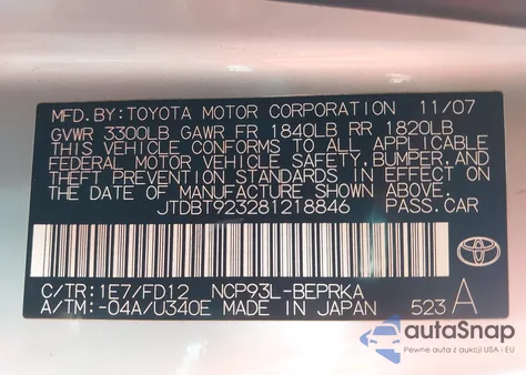 2008 Toyota Yaris из США, поврежденный, VIN JTDBT923281218846